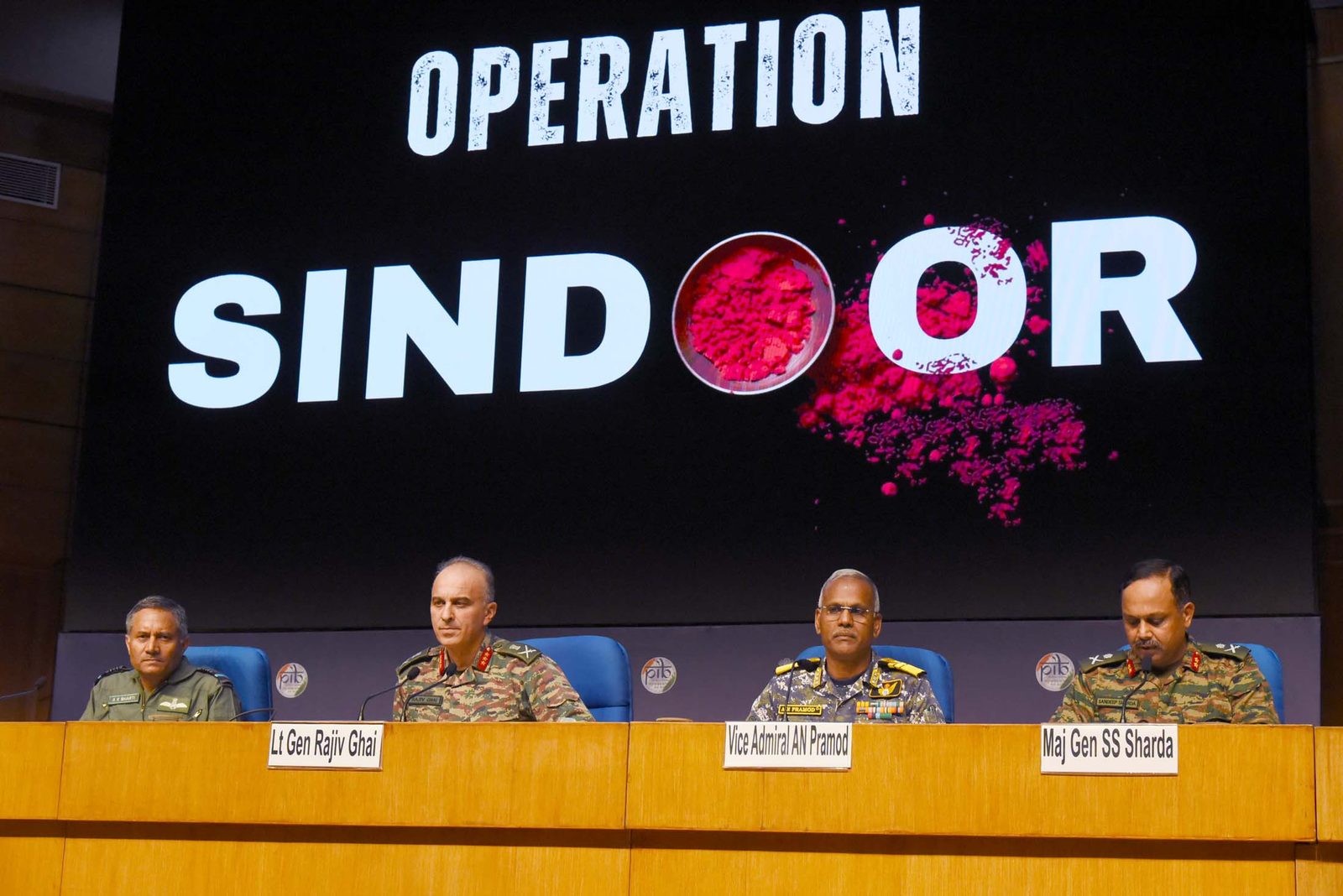 Lt Gen Rajiv Ghai (DGMO), Air Marshal A.K. Bharti (DGAO), Vice Admiral A.N. Pramod and Maj Gen S.S. Sharda brief the media on Operation Sindoor, National Media Centre, New Delhi, 11 May 2025. Photo: Government of India (PIB), GODL-India, via Wikimedia Commons
