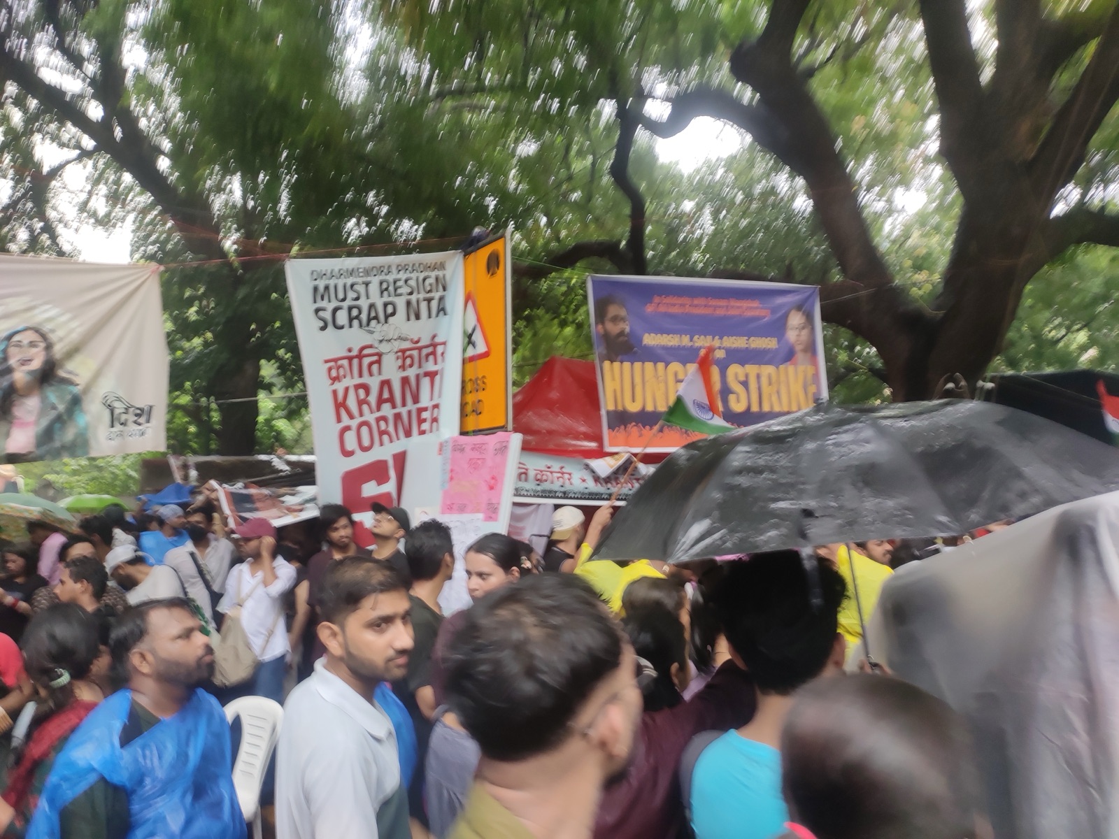 Students at Jantar Mantar, New Delhi, on 20 July 2026, protesting the NEET UG paper leak ahead of a march to Parliament; a placard reads “Dharmendra Pradhan must resign, scrap NTA”. Photo: Sumita Roy Dutta, CC BY-SA 4.0, via Wikimedia Commons