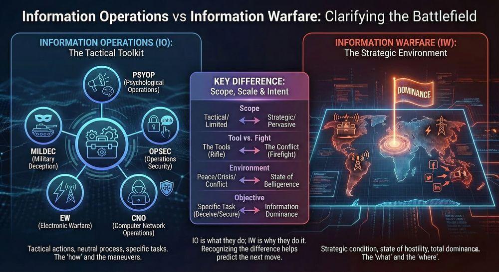 Infographic comparing information operations (the tactical toolkit) with information warfare (the strategic environment)