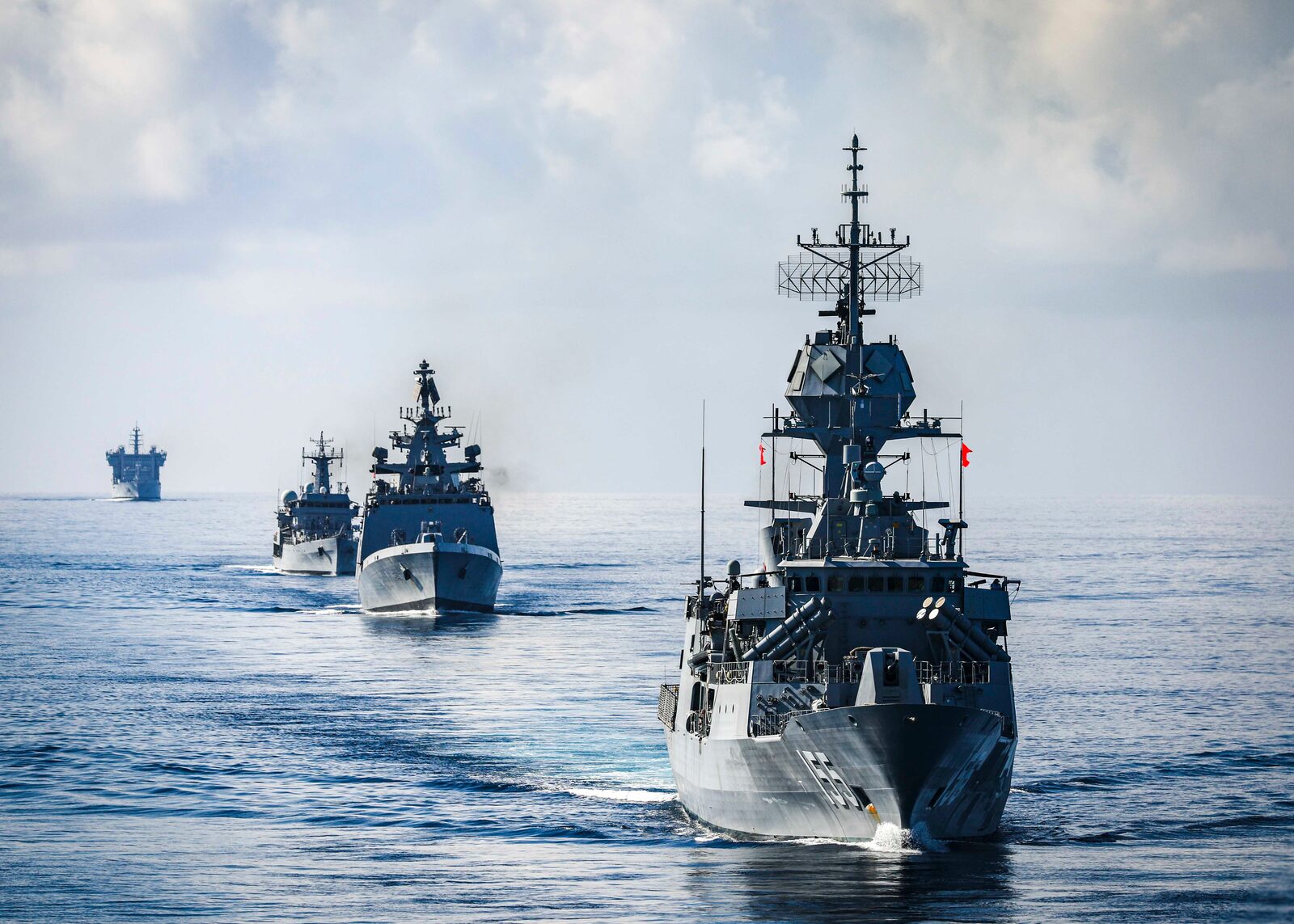 HMAS Ballarat leads Indian, Japanese and US warships in formation during Exercise Malabar 2020, which brought together the navies of all four Quad countries, November 2020. Photo: MC2 Markus Castaneda, U.S. Navy, Public domain, via Wikimedia Commons