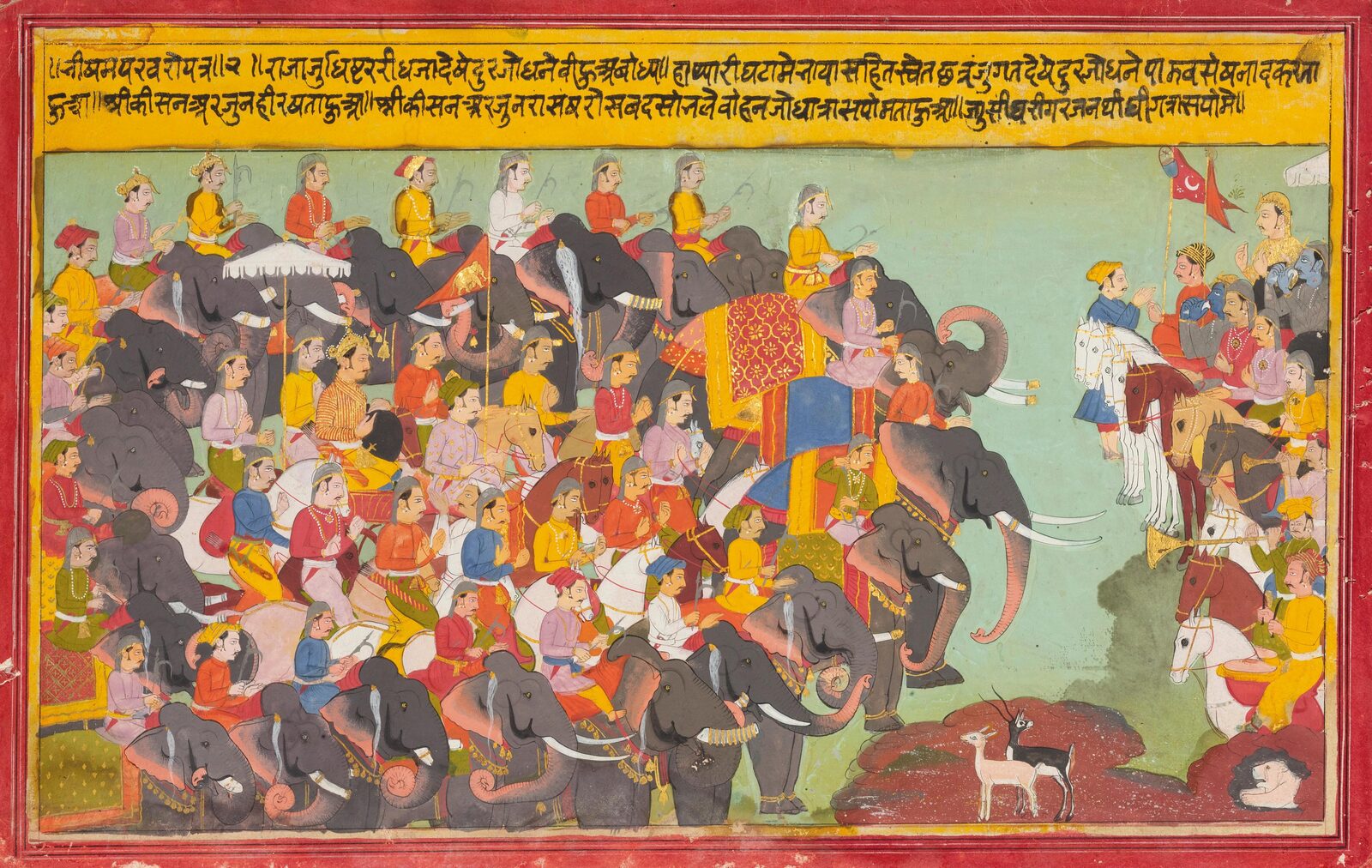 Krishna and Arjuna sound their conches as the Pandava and Kaurava armies face each other at Kurukshetra, in a Mahabharata folio painted in Mewar, c. 1700. Image: Unknown artist, Public domain, via Wikimedia Commons