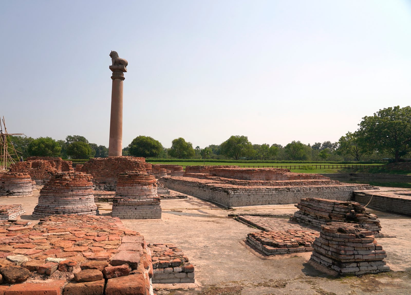 The Ashokan lion pillar rises over the excavated brick remains at Kolhua, Vaishali, in Bihar (Mauryan, 3rd century BCE). Photo: Amitabha Gupta, CC BY 4.0, via Wikimedia Commons